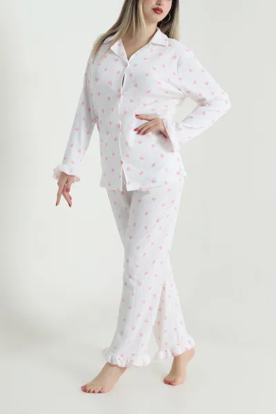 Beyaz Bürümcük Düğmeli Kadın Pijama Takımı 493648