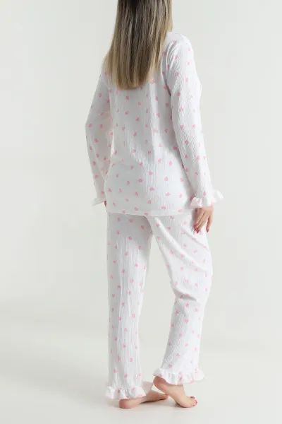 Beyaz Bürümcük Düğmeli Kadın Pijama Takımı 493648