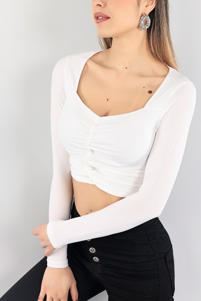Beyaz Büzgülü Crop Bluz 95215