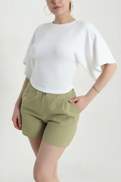 Beyaz Büzgülü Crop Kadın Bluz 466227