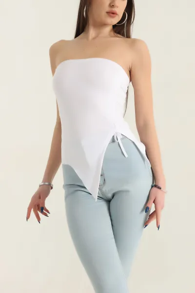 Beyaz Büzgülü Likralı Straplez Sandy Bluz 337349