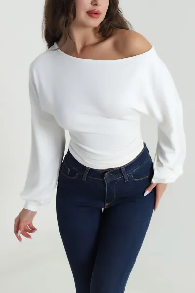 Beyaz Büzgülü Modal Kadın Bluz 484965