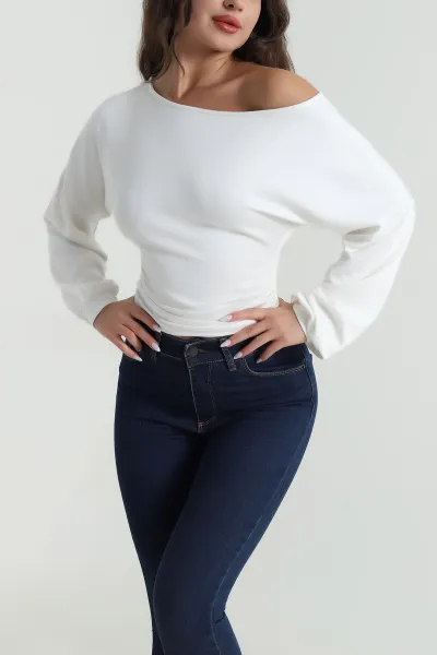 Beyaz Büzgülü Modal Kadın Bluz 484965
