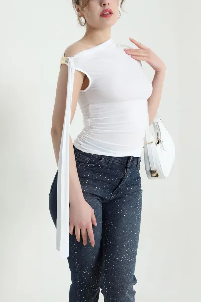 Beyaz Büzgülü Sandy Kadın Bluz 438506
