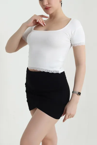 Beyaz Buzzy Dantelli Kadın Crop 450543