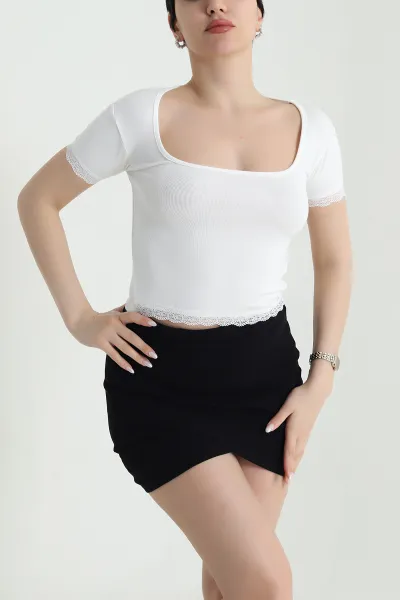 Beyaz Buzzy Dantelli Kadın Crop 450543