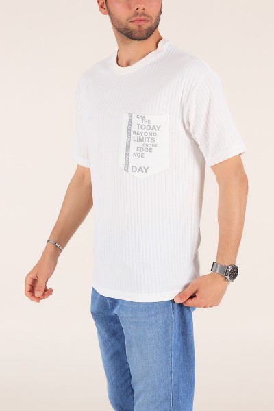 Beyaz Cep Baskılı Dokulu Oversize Erkek Tişört 177507