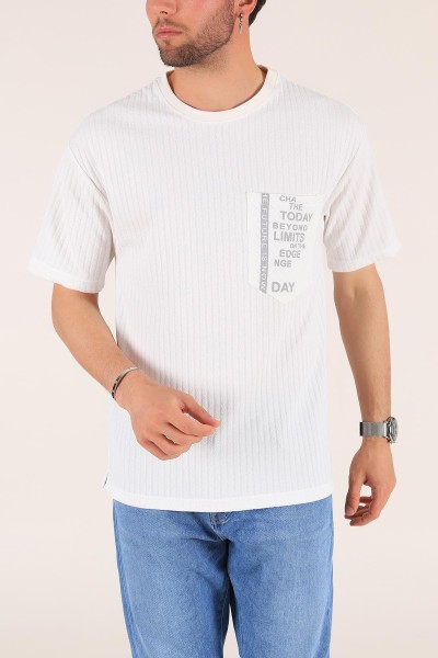Beyaz Cep Baskılı Dokulu Oversize Erkek Tişört 177507