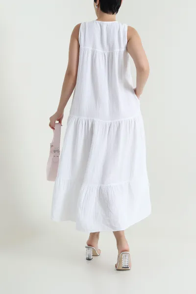 Beyaz Cep Detay Müslin Keten Kadın Elbise 465763