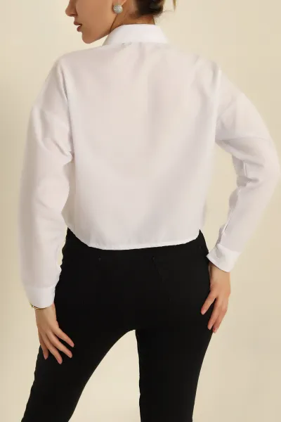 Beyaz Cepli Baskılı Poplin Bayan Gömlek 267517