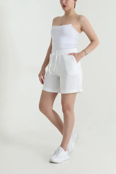 Beyaz Cepli Bel Lastikli Tencel Kadın Şort 464653