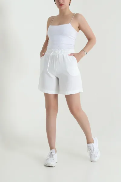 Beyaz Cepli Bel Lastikli Tencel Kadın Şort 464653