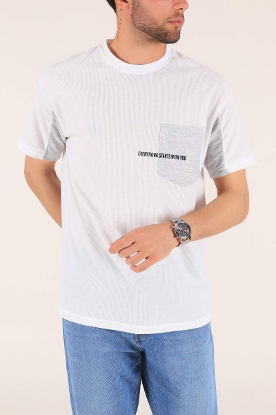 Beyaz Cepli Dokulu Oversize Erkek Tişört 177457