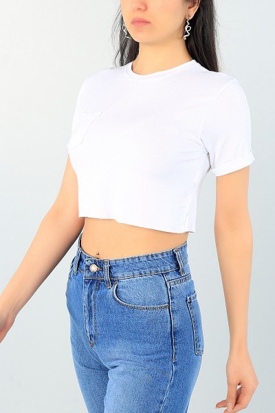 Beyaz Cepli Duble Kol Crop Tişört 65403