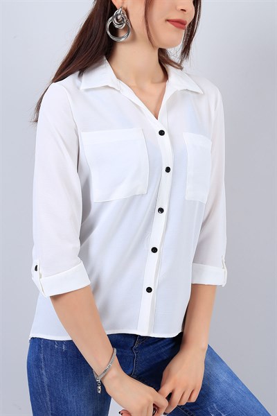 Beyaz Cepli Kol Katlı Bayan Gömlek 15202B