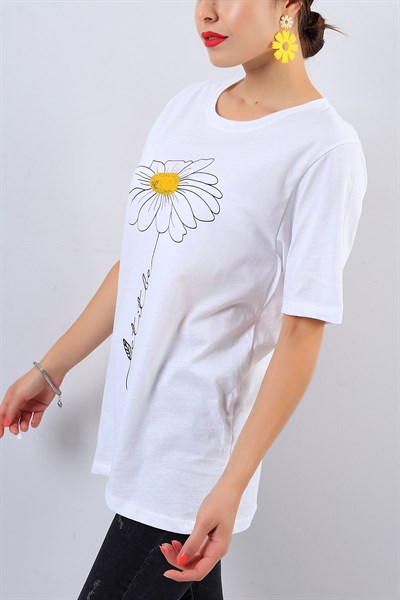 Beyaz Çiçek Baskılı Tişört 16647B