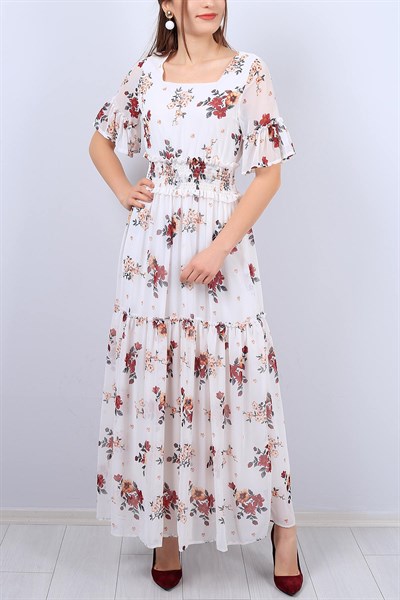 Beyaz Çiçek Desenli Bayan Şifon Elbise 12277B