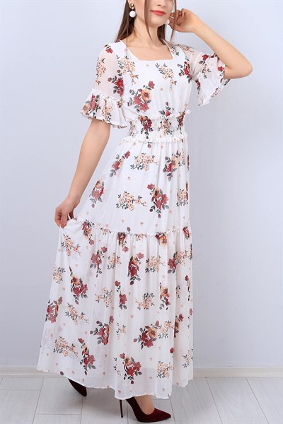 Beyaz Çiçek Desenli Bayan Şifon Elbise 12277B