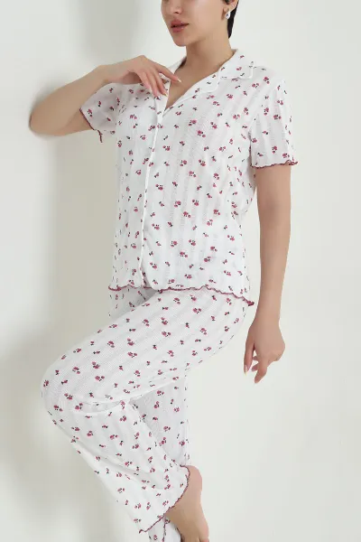 Beyaz Çiçek Desenli Pointel Kadın Pijama Takımı 465828