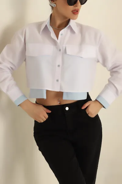 Beyaz Çift Cepli Poplin Crop Gömlek 259797