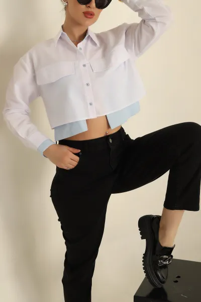 Beyaz Çift Cepli Poplin Crop Gömlek 259797