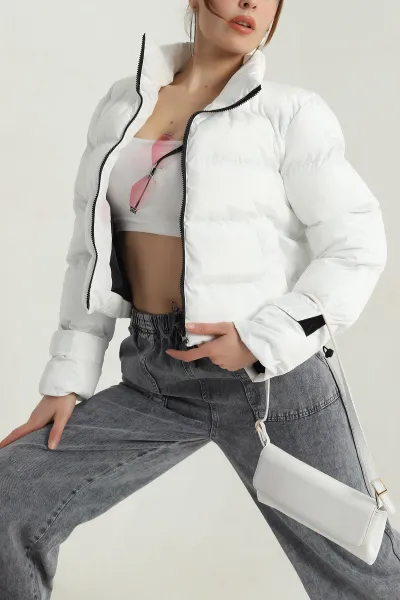 Beyaz Cırtlı Kol Kadın Şişme Mont 409392