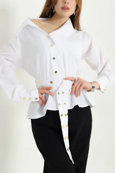 Beyaz Çıtçıtlı Kayık Yaka Bayan Poplin Gömlek 337811
