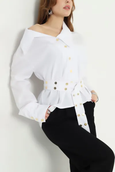 Beyaz Çıtçıtlı Kayık Yaka Bayan Poplin Gömlek 337811