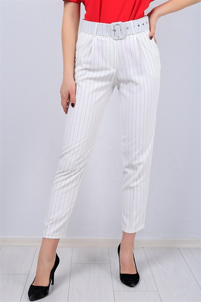 Beyaz Çizgili Bayan Kumaş Pantolon 12346B