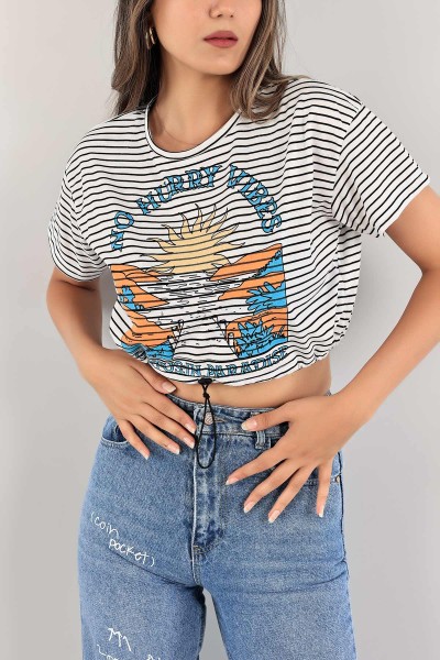 Beyaz Çizgili Crop Tişört 120898