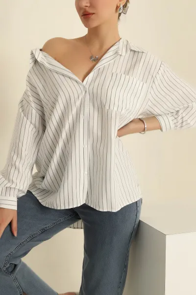 Beyaz Çizgili Dokuma Oversize Bayan Gömlek 269895