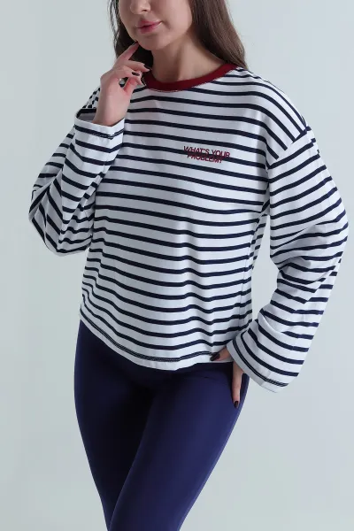 Beyaz Çizgili İnterlok Kadın Bluz 499139