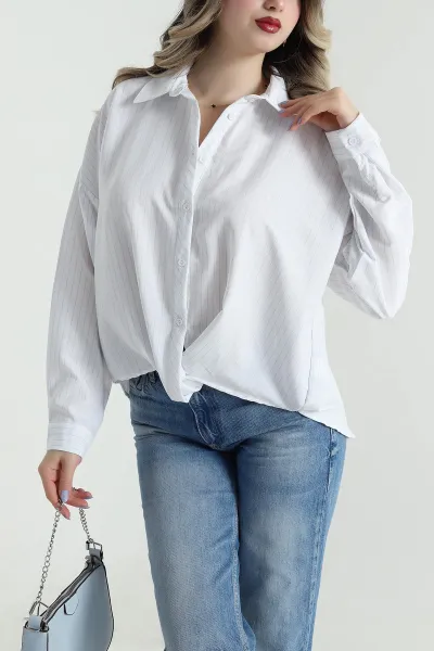 Beyaz Çizgili Kadın Gömlek Bluz 495360