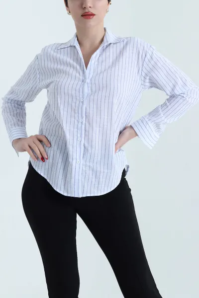 Beyaz Çizgili Kadın Keten Gömlek 441487