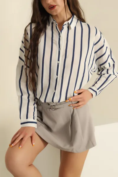 Beyaz Çizgili Oversize Basic Dokuma Gömlek 266426