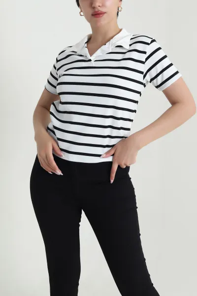 Beyaz Çizgili Polo Yaka Kadın Tişört 463666