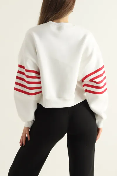 Beyaz Çizgili Şardonlu İki İp Bayan Sweat 303894