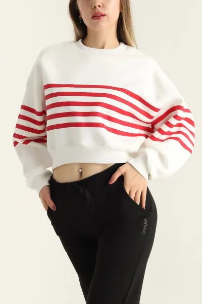 Beyaz Çizgili Şardonlu İki İp Bayan Sweat 303894