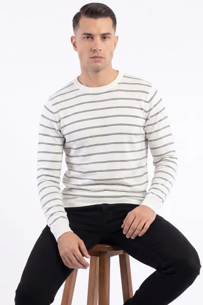 Beyaz Çizgili Viskon Triko Erkek Sweatshirt 482857