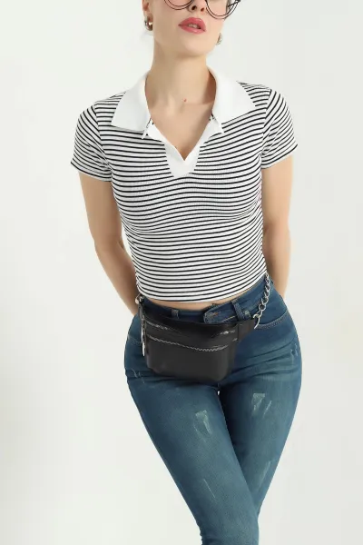 Beyaz Çizgili Yakalı Crop Tişört 337702