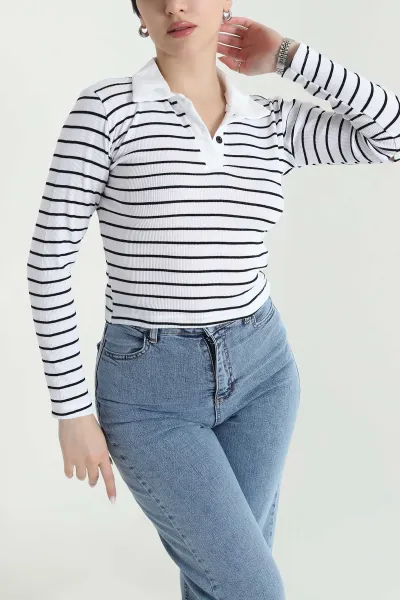 Beyaz Çizgili Yakalı Fitilli Kadın Bluz 444336