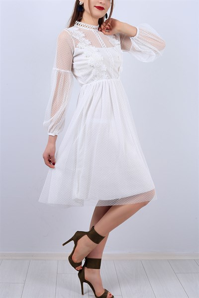 Beyaz Dantel Detaylı Bayan Elbise 11861B