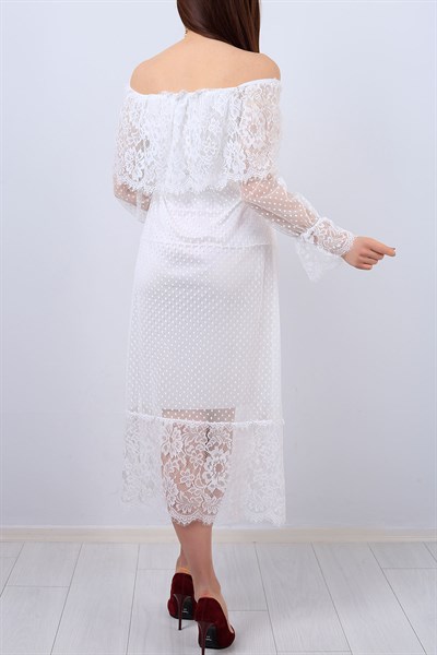 Beyaz Dantel Detaylı Bayan Tül Elbise 12870B