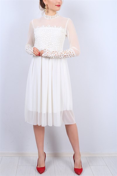 Beyaz Dantel Deyalı Bayan Tüllü Elbise 11956B