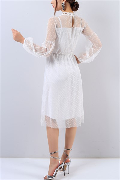 Beyaz Dantel İşlemeli Tül Elbise 15726B