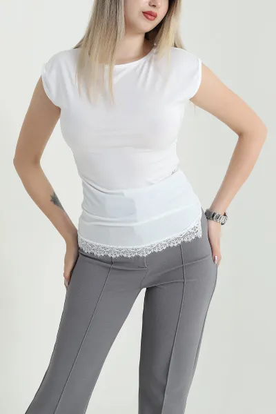 Beyaz Dantelli Büzgülü Likralı Sandy Kadın Bluz 469486