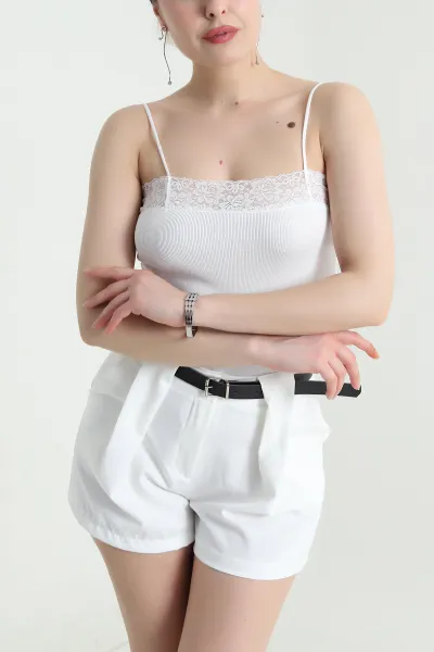 Beyaz Dantelli İp Askılı Triko Kadın Atlet 456872