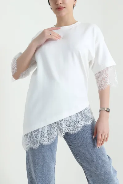 Beyaz Dantelli Modal Kadın Bluz 450554
