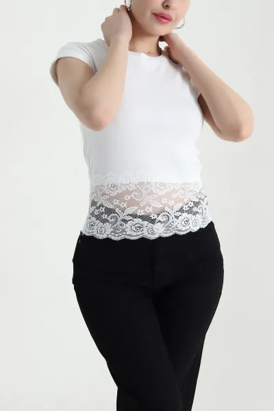 Beyaz Dantelli Süprem Kadın Tişört 447209
