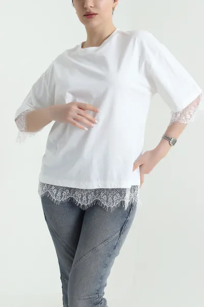 Beyaz Dantelli Tasarım Kadın Bluz 447706